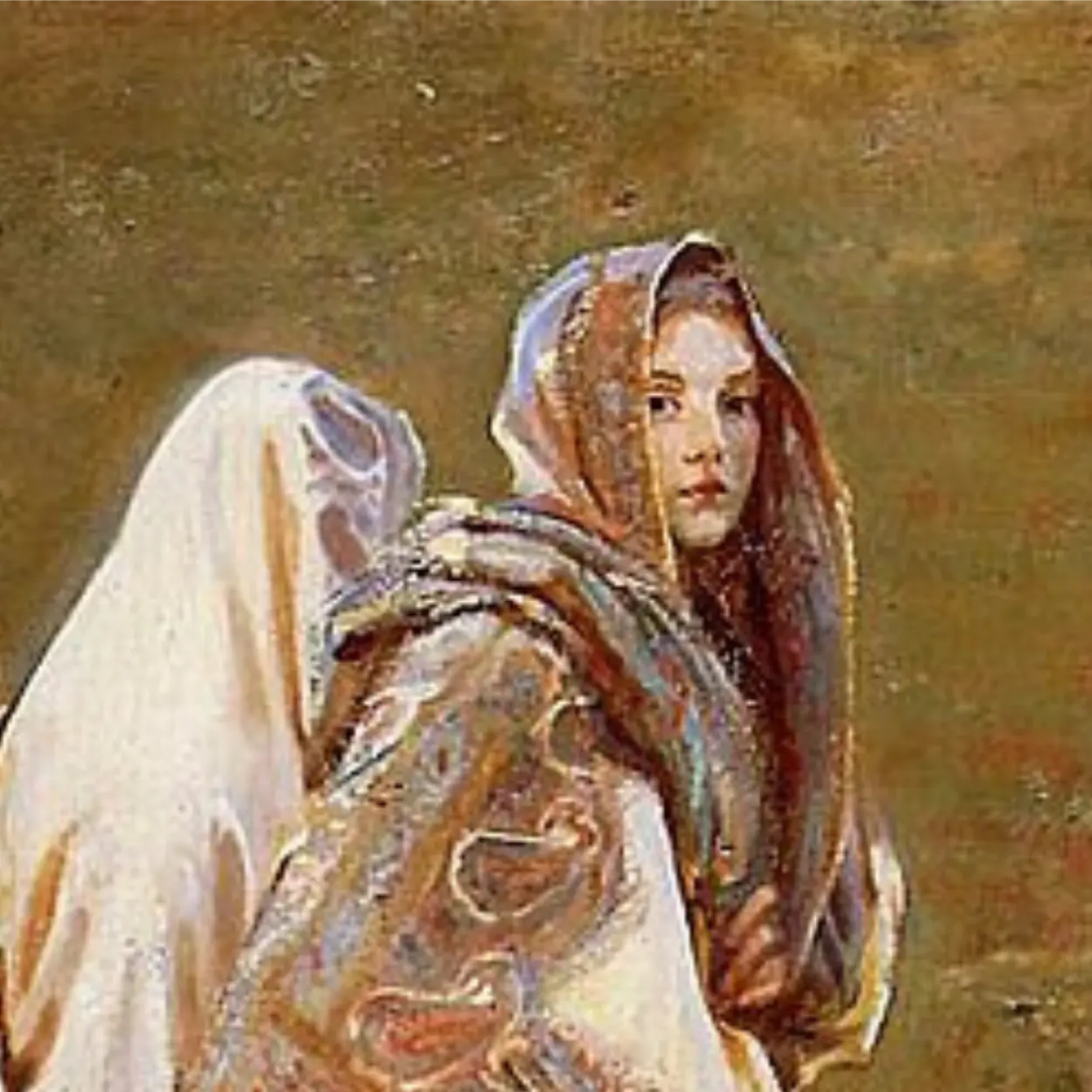 Impressionist painting of two figures in white shawls