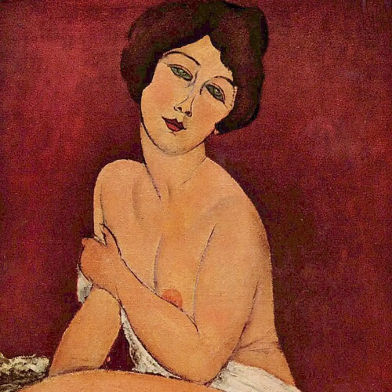 Modern portrait of a seated woman against a deep red ground