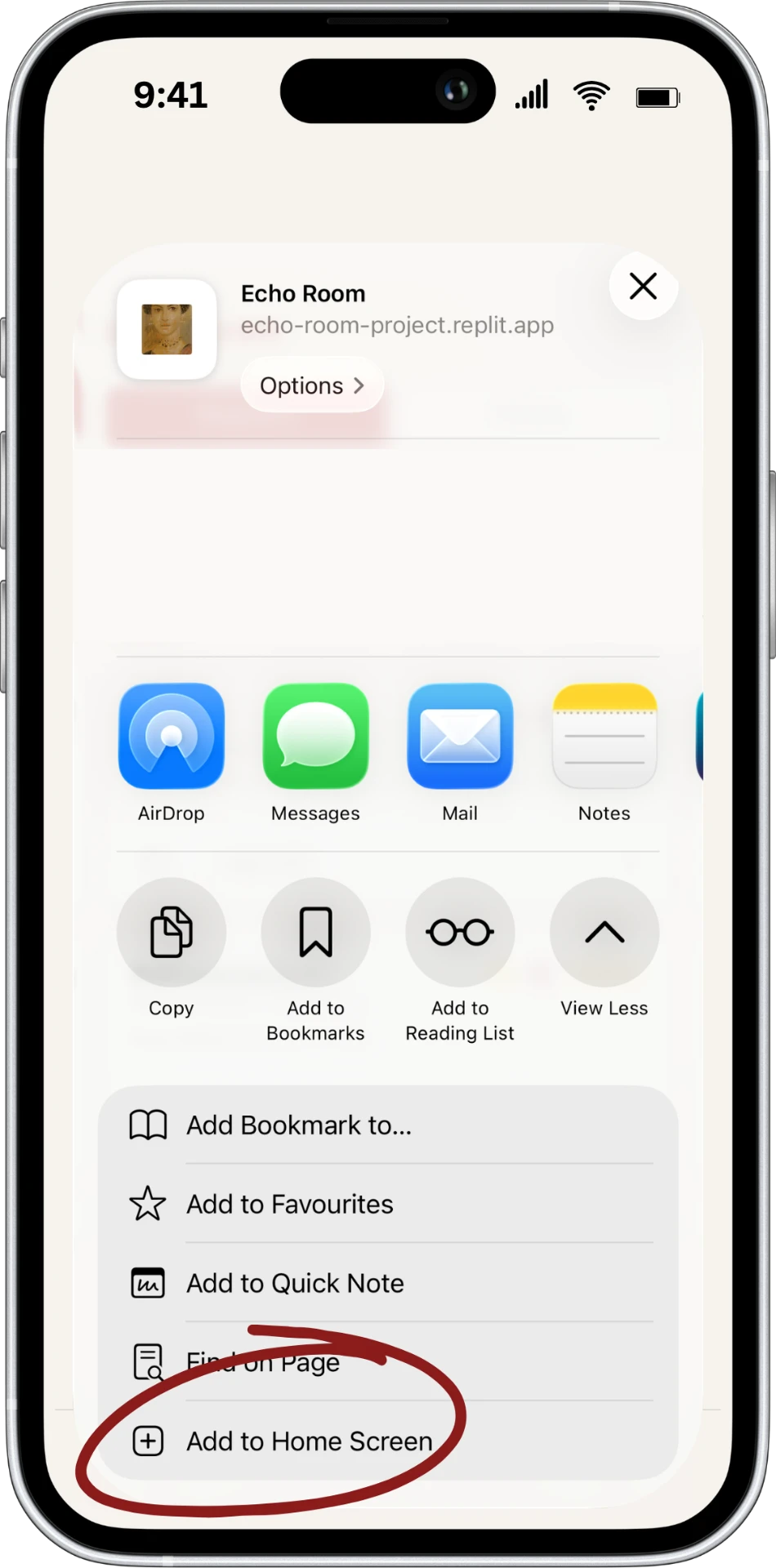 Safari step 3: click on 'add to home screen'