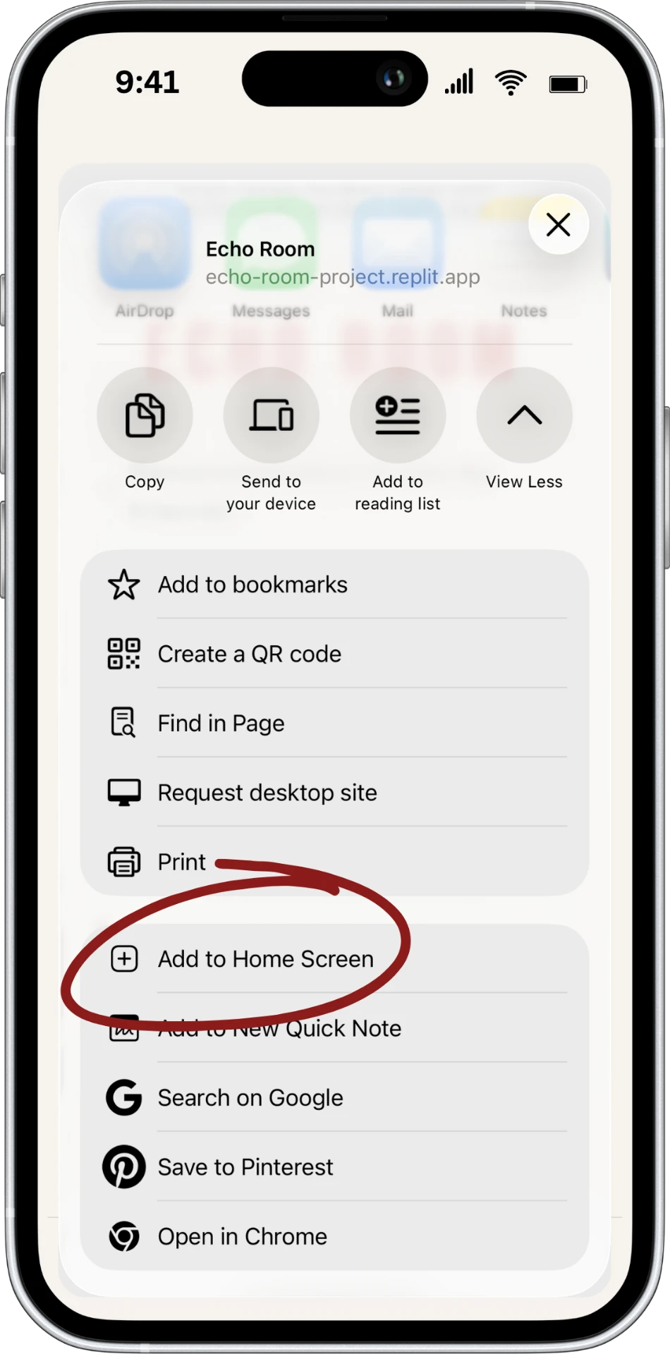 Chrome step 3: click on 'add to home screen'