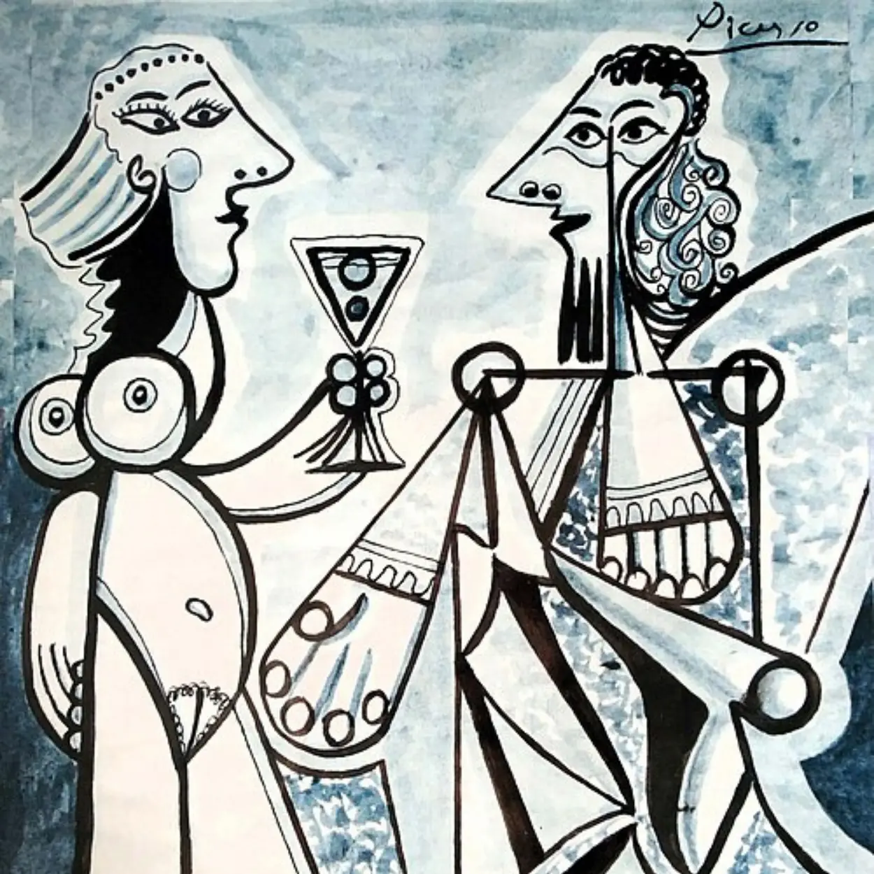 Modernist ink drawing of two figures with a goblet